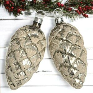 2 Vintage Pinecone Christmas Ornament Silver Mercury Blown Glass Bumpy Frosted